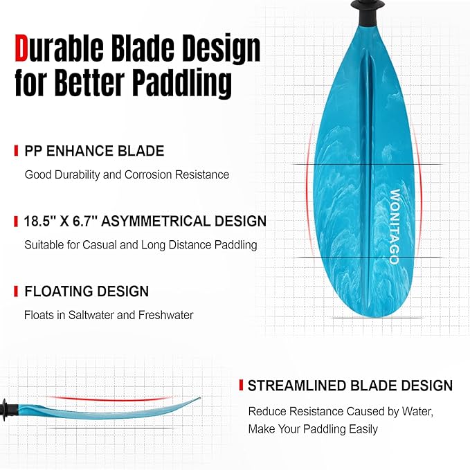 Kayak Paddle with Aluminum Shaft and Reinforced PP Blade, Floating Kayak Oar for Kayaking Canoeing and Boating, 220 cm/86 inches - 230 cm/90 inches