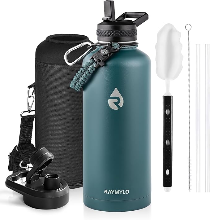 Insulated Water Bottle 87 oz, Triple Wall Vacuum Stainless Steel (Cold for 48 Hrs), Leak Proof & Non-BPA, Modern Water Flask Jug with Paracord Handle & Straw Spout Lids, Dark Green