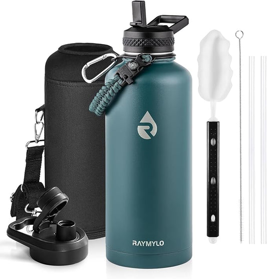 Insulated Water Bottle 87 oz, Triple Wall Vacuum Stainless Steel (Cold for 48 Hrs), Leak Proof & Non-BPA, Modern Water Flask Jug with Paracord Handle & Straw Spout Lids, Dark Green