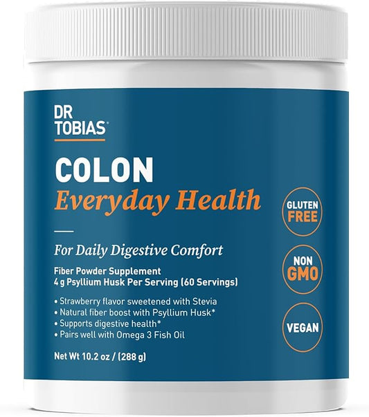 Dr. Tobias Colon Everyday Health - Gut Health for Women & Men - Psyllium Fiber Powder Drink with 4g Psyllium Husk Powder per Serving, Vegan, Gluten Free, Non-GMO, Strawberry Flavor, 60 Servings
