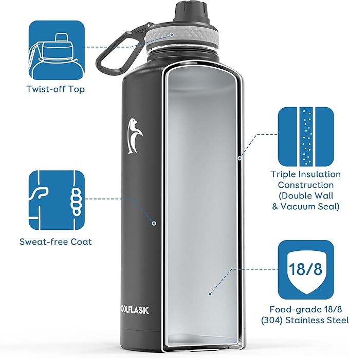 Insulated Water Bottle 87 oz with Straw, Coolflask 2/3 Gallon Stainless Steel Metal 3 Lids Large Water Jug for Sports or Office, Non-BPA Keep Cold Up to 48 Hrs or Hot Up to 24 Hrs, Magic Black