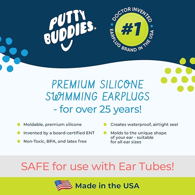 Earvolution Original Putty Buddies Ear Plugs for Swimming - Invented by an Ear Physician - Moldable, Premium Silicone Ear Plugs - One Size - Waterproof - Made in The USA - 3 Pair Pack