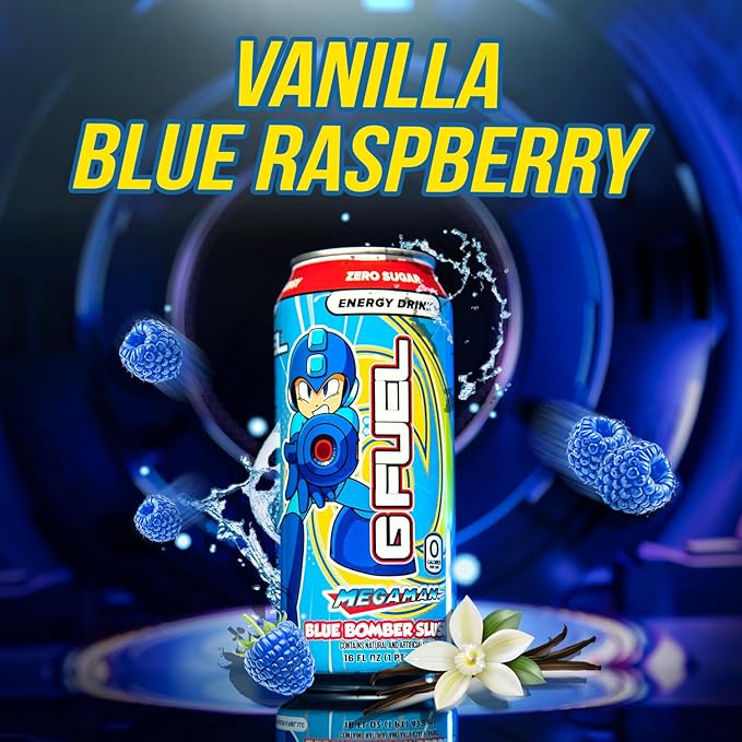 G Fuel Energy Drink, Blue Raspberry, Sugar Free Beverage with 300mg Caffeine, Daily Energy Boost with Focus Amino, Vitamin + Antioxidants, 16 oz Cans (Megaman Blue Bomber, 12-Pack)