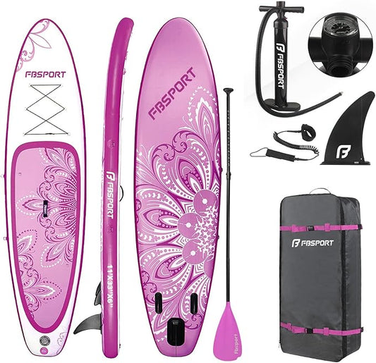FBSPORT 11' Premium Stand Up Paddle Board, Yoga Board with Durable SUP Accessories & Carry Bag | Wide Stance, Surf Control, Non-Slip Deck, Leash, Paddle and Pump for Youth & Adult