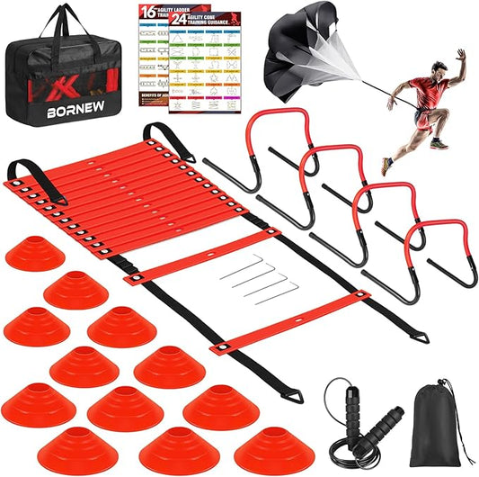 Agility Speed Training Equipment Set - 20ft Speed Ladder, 12 Cones, 4 Adjustable Hurdles, Jump Rope, Parachute | Ideal for Basketball, Football, Soccer, for Kids, Youth, Adults