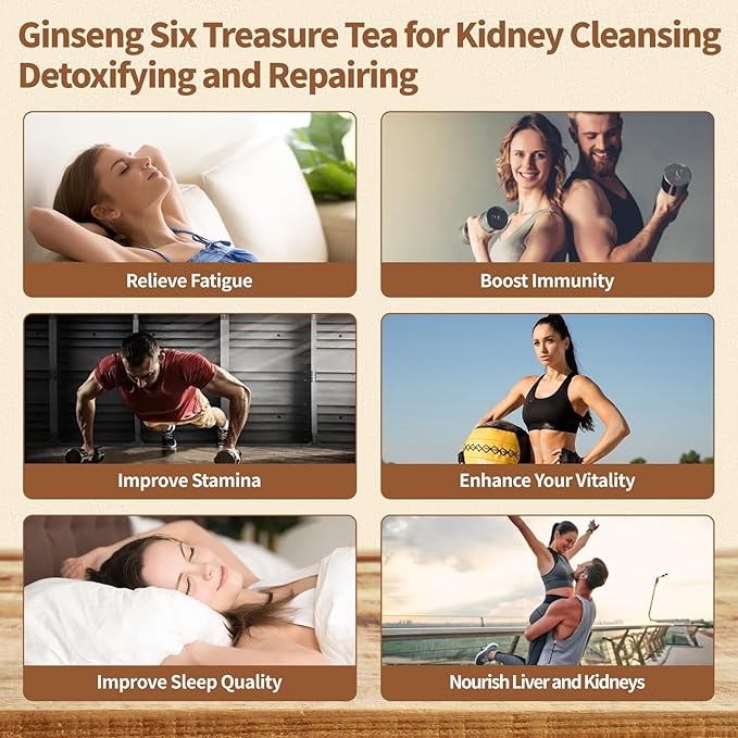 Kidney Tea Formula Ginseng Six Treasure Tea - Natural Chinese Traditional Herbal Ginseng Five Treasures Kidney Detox Cleanse Teabag For Men Women (60 Bags/2 Pack)