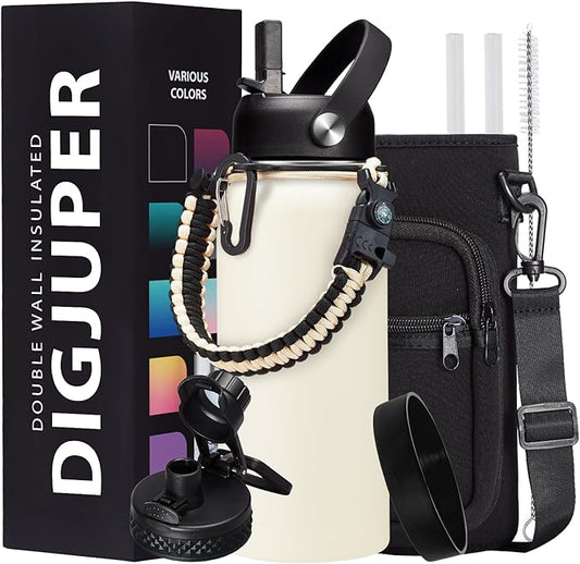 Insulated Water Bottle - 32oz 40oz 64oz Water Bottles with Straw & Spout Lids, Carrier Bag, Paracord Handle and Flask Boot, Reusable Stainless Steel Water Bottle, Metal Canteen Mug for Work