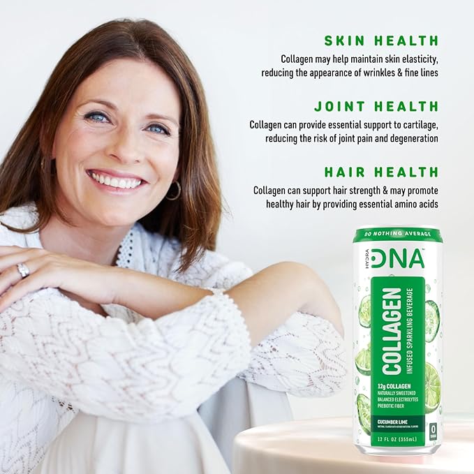 HYDRADNA- Sparkling Liquid Collagen Protein Water Drink Balanced Nutrients for Wellness - Sugar-Free - Keto-Friendly - No Gluten (12 Pack) Cucumber Lime