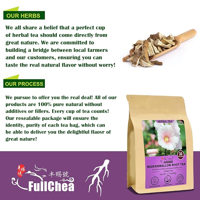 FullChea - Marshmallow Root Tea, 2g X 30 Count - Premium Natural Dried Cut & Sifted Althaea Officinalis - Non-GMO - Caffeine-free - Respiratory Support & Promote Digestion