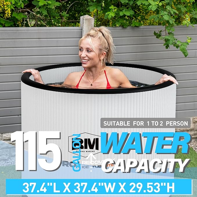Inflatable Ice Bath Tub for Athletes - Cold Plunge Tub Compatible Water Chiller, Insulated Lid, EVA Groundsheet, Backpack, 115 Gallon, 37.4" L x 37.4" W x 29.53" H