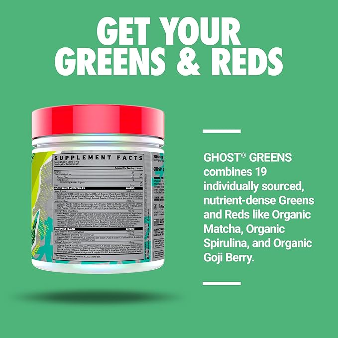 GHOST Greens Powder, Lime - 30 Servings - 19 Superfood Greens & Reds Powder, Fruits, Vegetables, Spirulina, & Chlorella, Prebiotics, 10 Billion CFU Probiotic & Digestive Enzymes - Gluten-Free