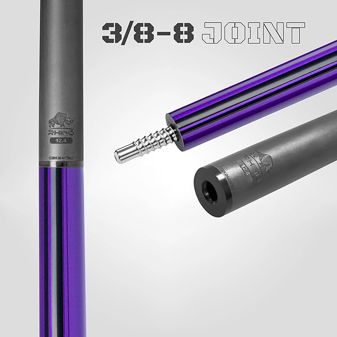 RHINO Nebula 2 Pool Cue - 100% Carbon Fiber Shaft & Composite Butt. Time Crystal Tip, Pro Taper Design, 12.4 mm,12.8 mm. 3/8-8 Joint, 3D Friction Grip. Low Deflection Pool Cue