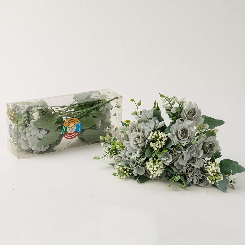 Artificial Flower 5 Branches Artificial Silk Fake Flowers Bouquet Small Roses for Wedding Home Office Tables Decor 2 Packs(Green)