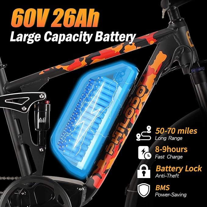 Electric Bike for Adults, 5000W Peak Dual Motor Ebike, 60V 26AH Long Range Dirtbike, 26" Fat Tires for All Terrain Electric-Bicycle, 45MPH-Hunting-Ebike for Off-Road Snow Sand