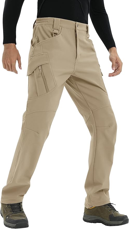 TACVASEN Men's Winter Pants 9 Pockets Fleece Snow Hiking Pants Water-Resistant Warm Softshell Thick Tactical Pants