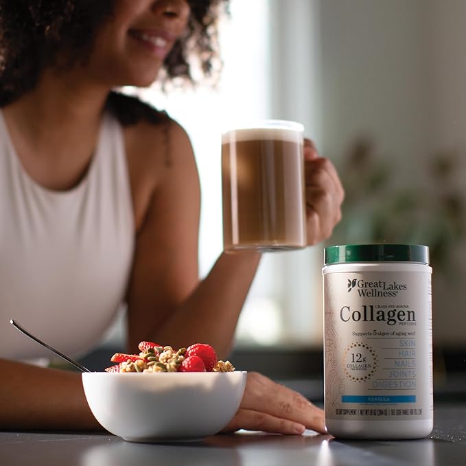 Great Lakes Wellness Collagen Peptides Powder for Skin, Hair, Nails, Joints & Digestion - Vanilla Flavored - Quick Dissolve Hydrolyzed, Non-GMO, Kosher - 10 oz