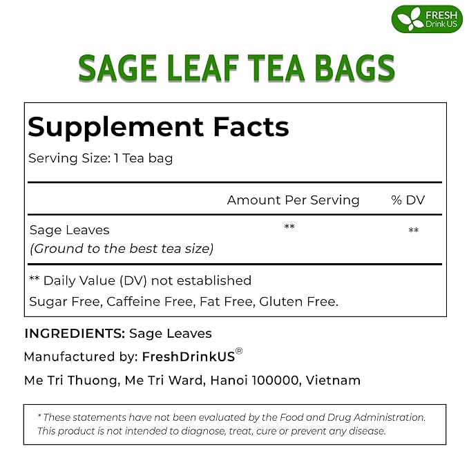 FreshDrinkUS Premium Sage Leaf Tea Bags, 100% Natural & Pure. Loose Leaf Herbal Tea. Made with Natural Material Tea Bags. No Sugar, No Caffeine, No Gluten, Vegan