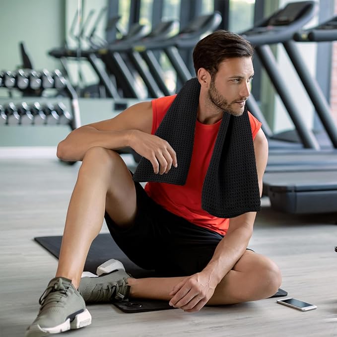 Microfiber Gym Towels for Working Out, Quickly Dry Yoga Towels for Men & Women Tennis, 16 Inch x 27 Inch, 6 Pack, Black