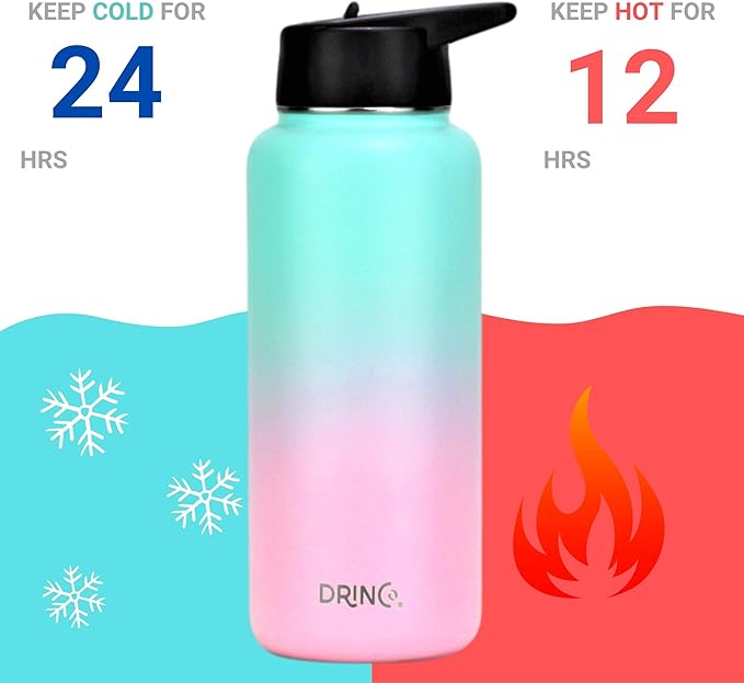 DRINCO Stainless Steel Water Bottle Spout Lid Vacuum Insulated Double Wall Water Bottle Wide Mouth (40oz 32oz 22oz 18oz 14oz) Leak Proof Keeps Cold or Hot (32 oz, 32oz Macaron)