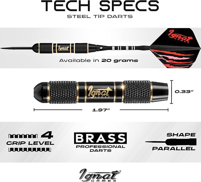 IgnatGames Premium Steel Tip Darts – 3/6/12 Pack Brass Barrels with Aluminum Shafts, 16 GlideXPro Flight Set, Tool Kit & Giftable Case