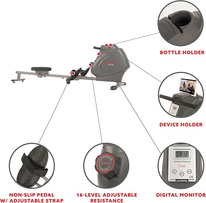 Sunny Health & Fitness Magnetic Rowing Machine for Home Exercise, Quiet & Smooth Rower with Compact Storage and Optional Free SunnyFit App Connectivity