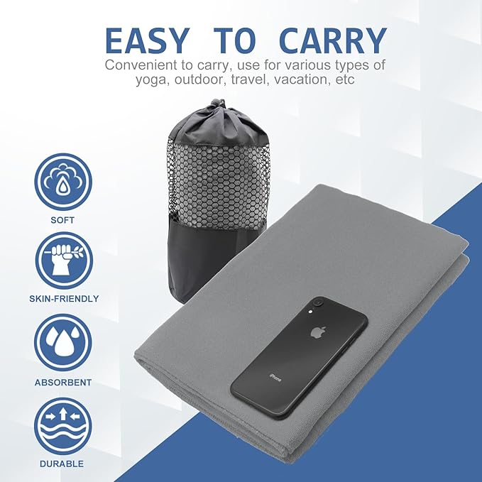 Eunzel 2 Pack Yoga Towel,Hot Yoga Mat Towel with Grip Dots Sweat Absorbent Non-Slip for Hot Yoga, Pilates and Workout 24" x72，Dark Grey (2 Pack)