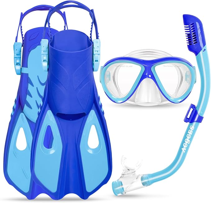 Kids Mask Fins Snorkel Set, Dry Top Snorkeling Gear for Kids Youth Boys Girls Junior Age 5-15 Tempered Glass Snorkel Mask Set Panoramic View Snorkeling Packages