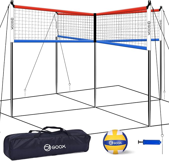 GOOX 4 Square Volleyball Net Game Set, 14 FT 4-Way Volleyball Net for Backyard Beach Lawn, Portable Four Square Volleyball Net for Adults & Youths with Vollyball, Pump, Carry Bag