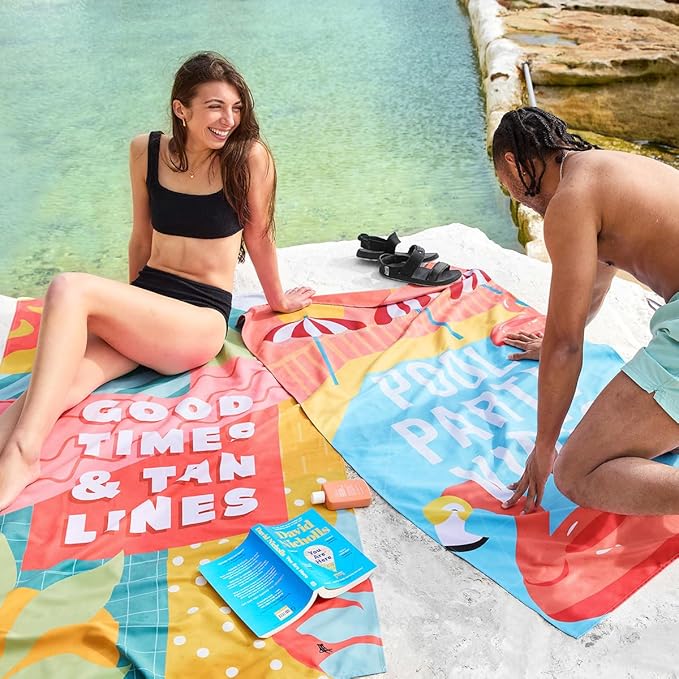 Dock & Bay Beach Towel - Quick Dry, Sand Free - Compact, Lightweight - 100% Recycled - Includes Bag - Pool Party Vibes - Large (160x90cm, 63x35)