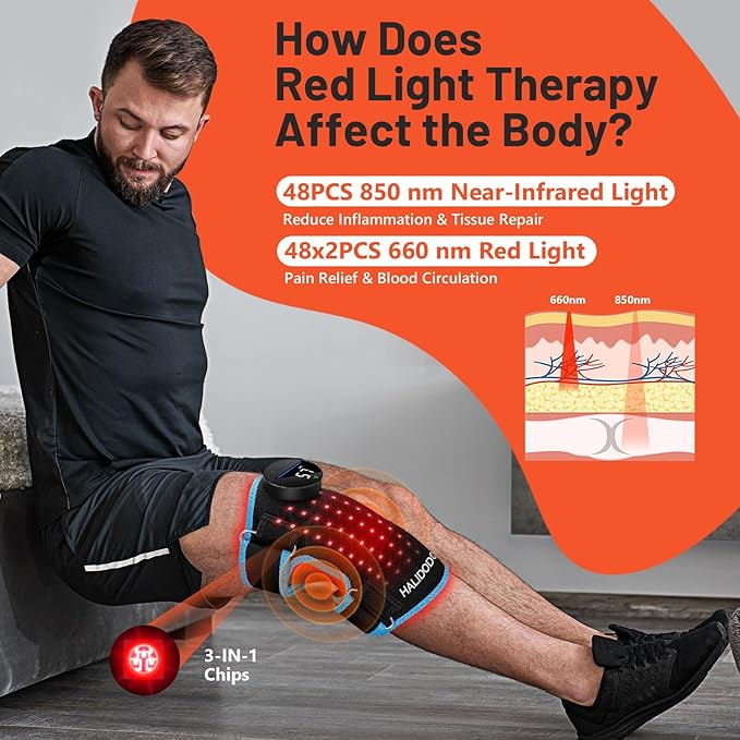 HALIDODO Red Light Therapy & Vibration Massage Knee Brace - Wireless Rechargeable Controller, 660nm&850nm Red Light Therapy Heated Device for Knee/Joint/Elbow/Shoulder Pain Relief, Blue.