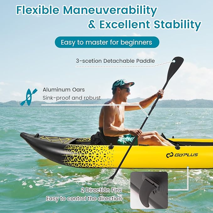 Goplus Inflatable Kayak, 2-Person Kayak Set for Adults with 507 LBS Weight Capacity, 2 Aluminium Oars, EVA Padded Seat, 2 Fins, Hand Pump, Carry Bag, Repair Kit, Portable Touring Kayaks