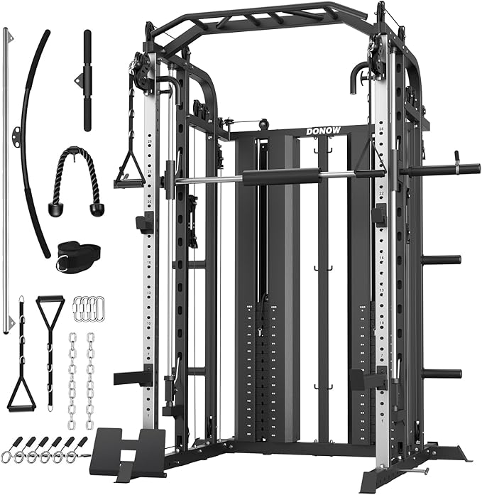 DONOW Smith Machine with Weight Stacks Power Cage Squat Rack Dual Cable Crossover Machine Home Gym Systems Station LAT Pull Down