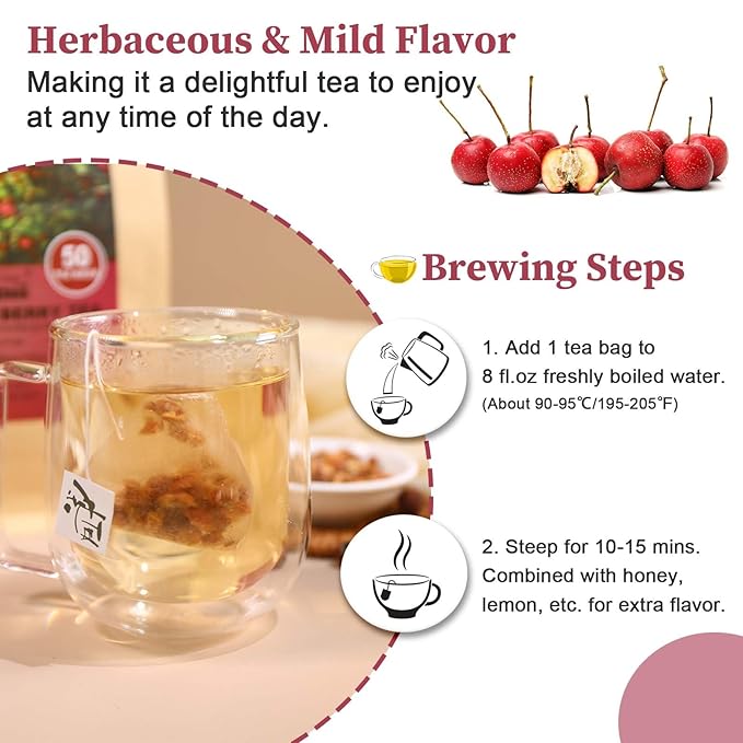 FullChea Hawthorn Berry Tea - 50 Teabags, 3g/bag - Premium, Non-GMO, Caffeine-free, Aids Digestion & Provides Antioxidants