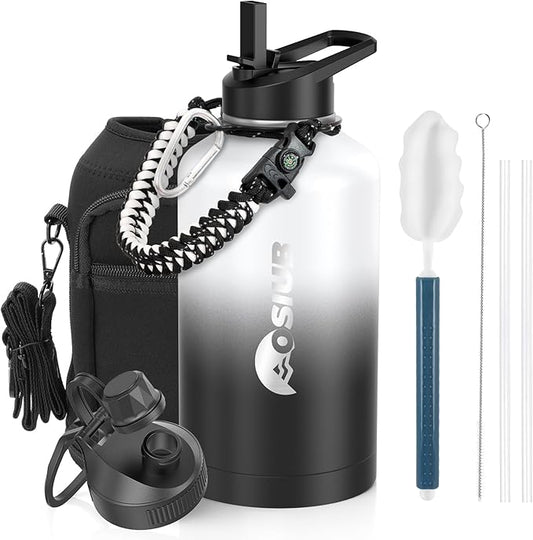 Insulated Water Bottle 64 oz, Triple Wall Vacuum Stainless Steel(Cold for 48 Hrs),Leak Proof & BPA-Free,Half Gallon Water Bottle with Reflective Paracord & Flip Straw for Sports & Travel, DarkGray
