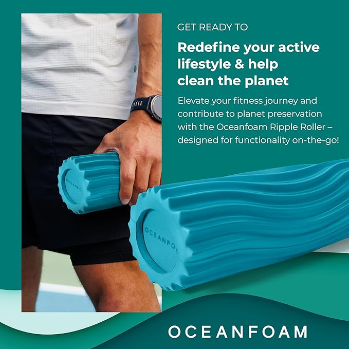 Oceanfoam Ripple Travel Foam Roller (11" x 3.35") Firm Mini Foam Roller for Physical Therapy, Deep Tissue Massage, Back Pain, High Density, Ergonomic Wave Textured, Yoga, Pilate, Exercise (Miami Blue)