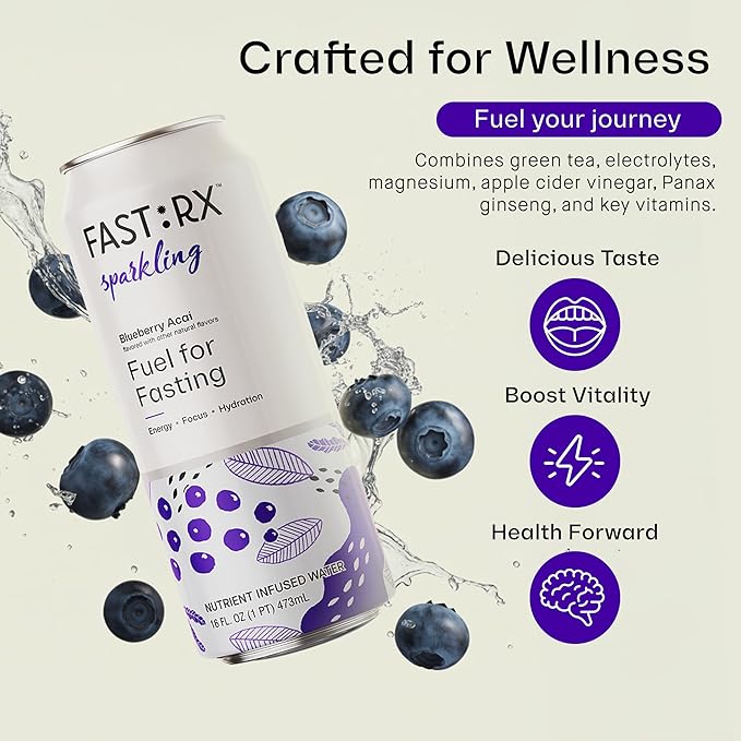 FASTRX Blueberry Acai Sparkling Fasting Electrolyte Drink – Hunger Suppressant, Includes Essential Electrolytes and Vitamins, De-Sugared Lemon Juice – Zero Sugar, 16 Fl Oz, Pack of 12