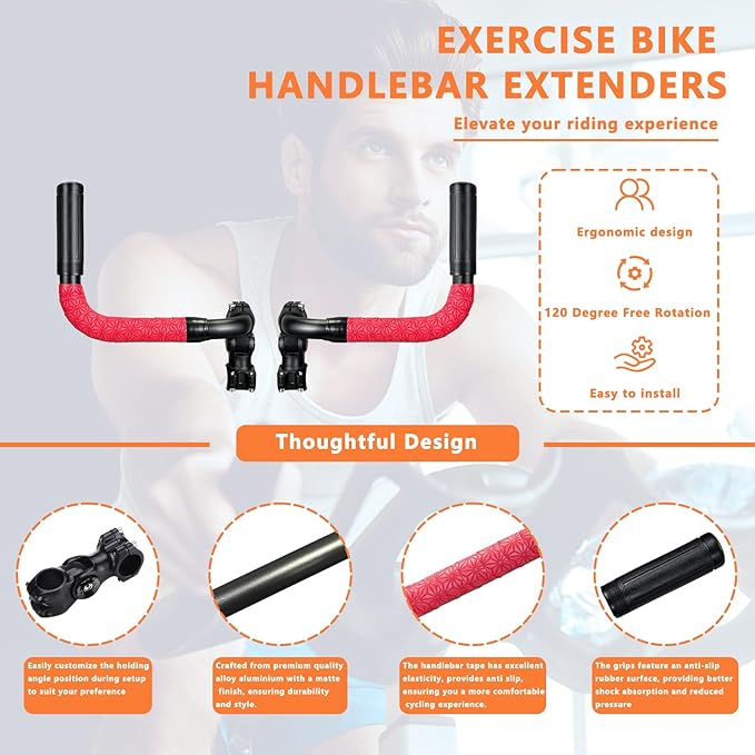 Handlebar Extender for Peloton Indoor Exercise Bikes, 1 Pair of Ultimate Handlebar Extension of Peloton Accessories (Sheep-horn (with Red Tapes & Grips))