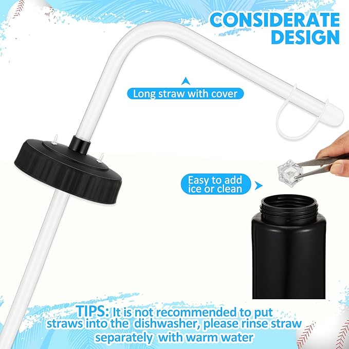 Domensi 2 Pack 1 Liter Sports Water Bottle with Long Straw Hockey Lacrosse 34 Oz Water Bottle Easy Squeeze Plastic Use with Sport Helmet in Football Baseball(Translucent,No Printed)