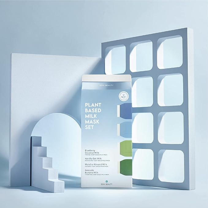 ESW Beauty Plant-Based Milk Face Masks - 4-Pack Variety Set - Hydrating, Radiance, Firming & Soothing with Avocado, Matcha, Blueberry, Vanilla & Oat Extracts for All Skin Types