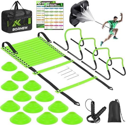 Agility Speed Training Equipment Set - 20ft Speed Ladder, 12 Cones, 4 Adjustable Hurdles, Jump Rope, Parachute | Ideal for Basketball, Football, Soccer, for Kids, Youth, Adults