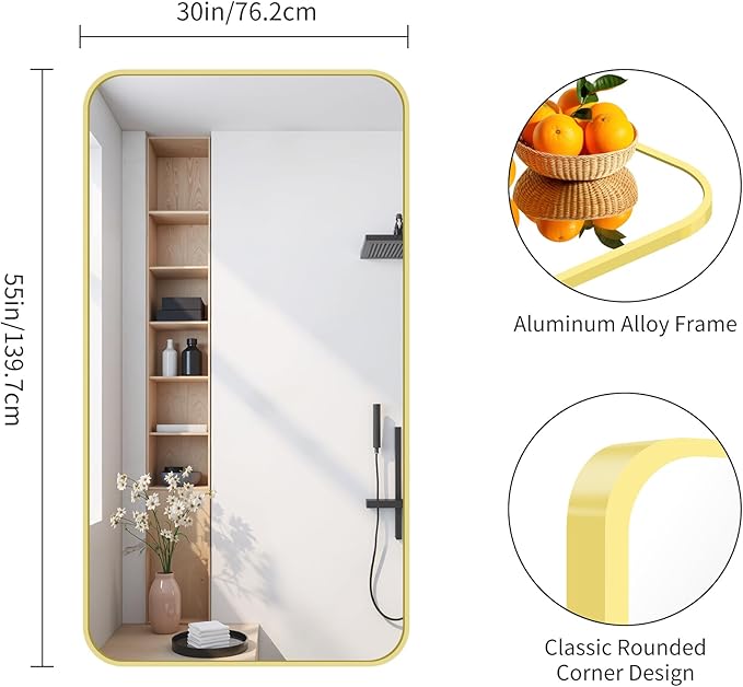 FORBATH 30x55 Inch Gold Bathroom Mirror for Over Sink, Large Rectangular Wall Mirror with Metal Frame, Rounded Corners for Bathroom, Bedroom, Entryway Decor (Horizontal or Vertical)