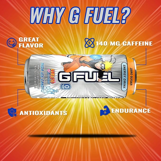 G Fuel Energy Drink, Lemon Lime Slushie, Sugar Free Beverage with 140mg Caffeine, Daily Energy Boost with Focus Amino, Vitamin + Antioxidants, 16 oz Cans (Naruto Shippuden, 12-Pack)