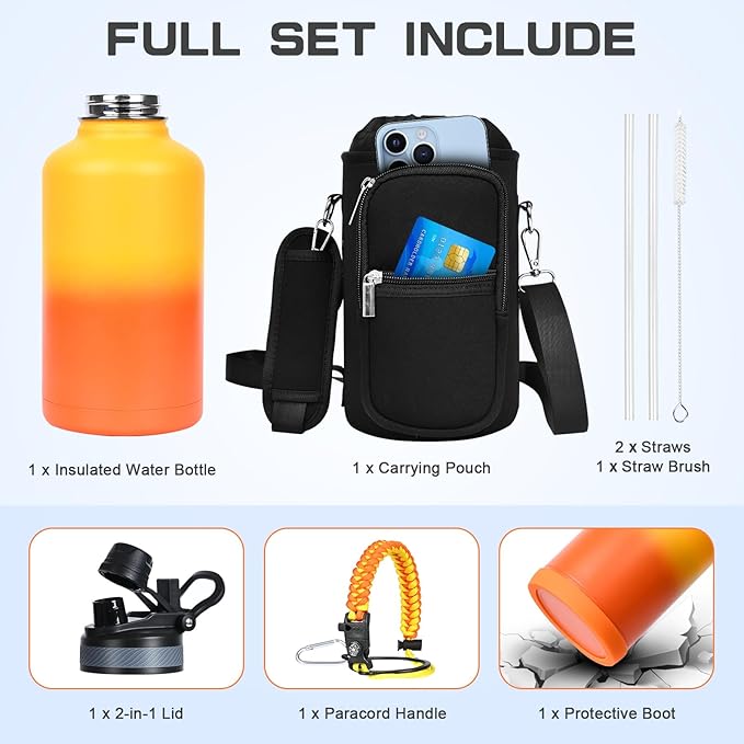 Insulated Water Bottle 64 oz, Half Gallon Water Jug Cold 48H, BPA Free Stainless Steel Bottles with Straw/Chug 2-in-1 Lid, Bag, Paracord Handle, Silicone Boot, Sports Gym School Metal Flask