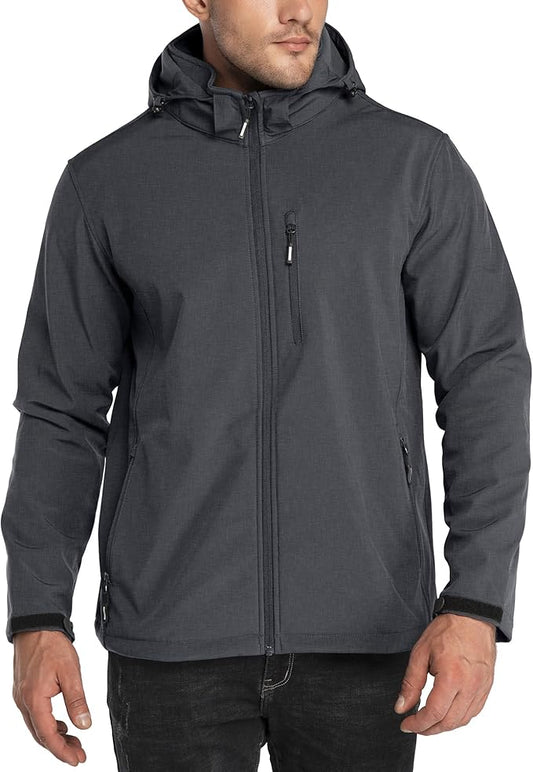 Outdoor Ventures Men's Lightweight Softshell Jacket Fleece Lined Hooded Water Resistant Winter Hiking Windbreaker Jackets