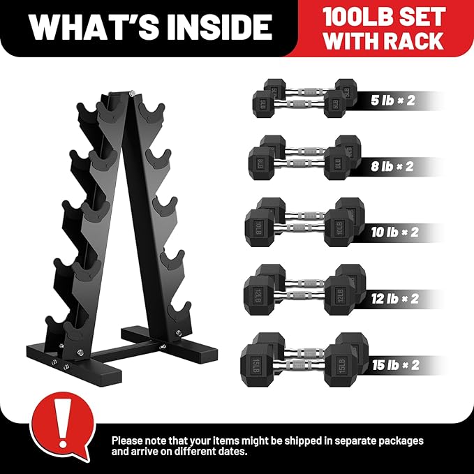 PAPABABE Hex Dumbbell Sets with Rack, 60-550lb Rubber Coated Dumbbell Weight Set and Storage Rack, Multiple Options Hand Weights for Strength Training