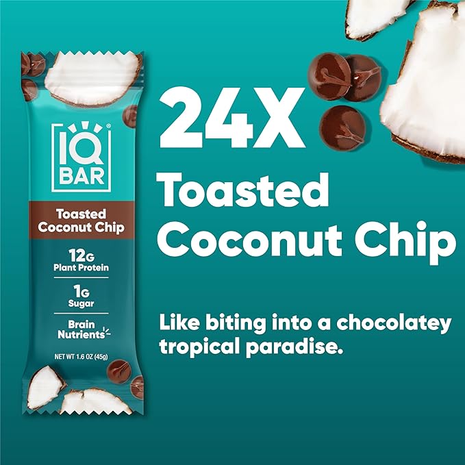 IQBAR Brain and Body Plant Protein Bars - Toasted Coconut Chip - 24-Count Low Carb - Gluten Free, High Fiber, Vegan Snacks - Low Sugar Meal Replacement