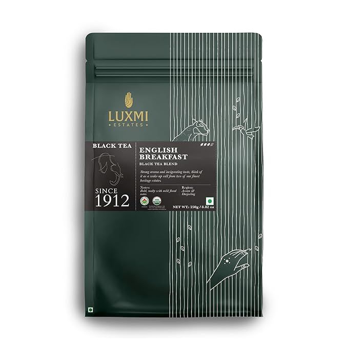 Luxmi Estates English Breakfast Tea 250g Loose Leaf Tin | A Tale of Two Estates | Certified Organic Black Tea leaf | Smooth, Flavorful, Robust, Caffeinated | Darjeeling & Assam Tea from India | 125 Cups