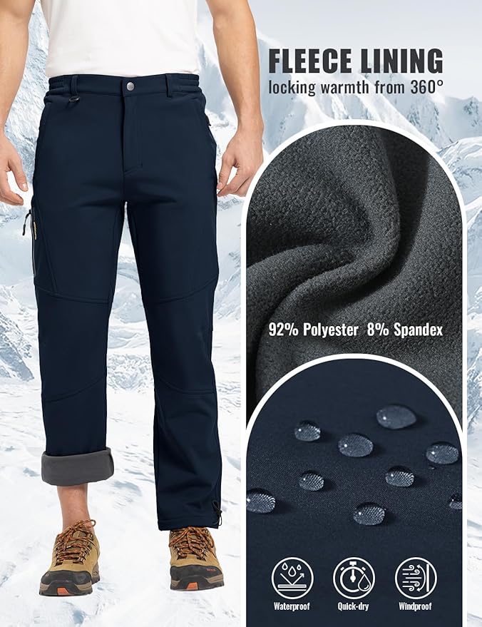 Rdruko Men's Snow Pants Waterproof Insulated Winter Hiking Pants Snowboard Fleece Lined Softshell Ski Pants