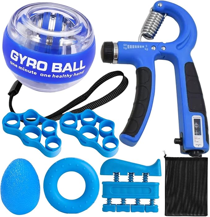 Hand Grip Strengthener Workout Kit (8 Pack) Forearm Grip Adjustable Resistance Hand Gripper, Finger Stretcher, Finger Exerciser, Grip Ring，Gyro Ball