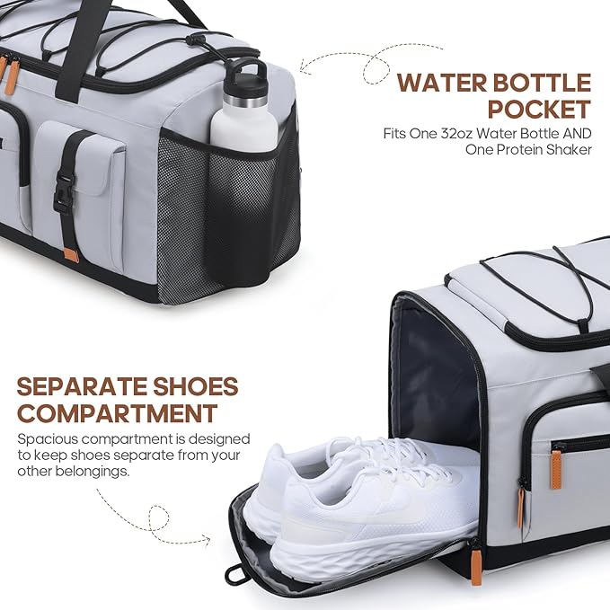 Gym Bag for Men and Women with Shoe & Laptop Compartment, 3-in-1 Sports Travel Duffel Bag Anti-Theft Weekender Carry-On Backpack for Airplane & Workout, Overnight Travel Bag,35L (Light Grey, Medium)